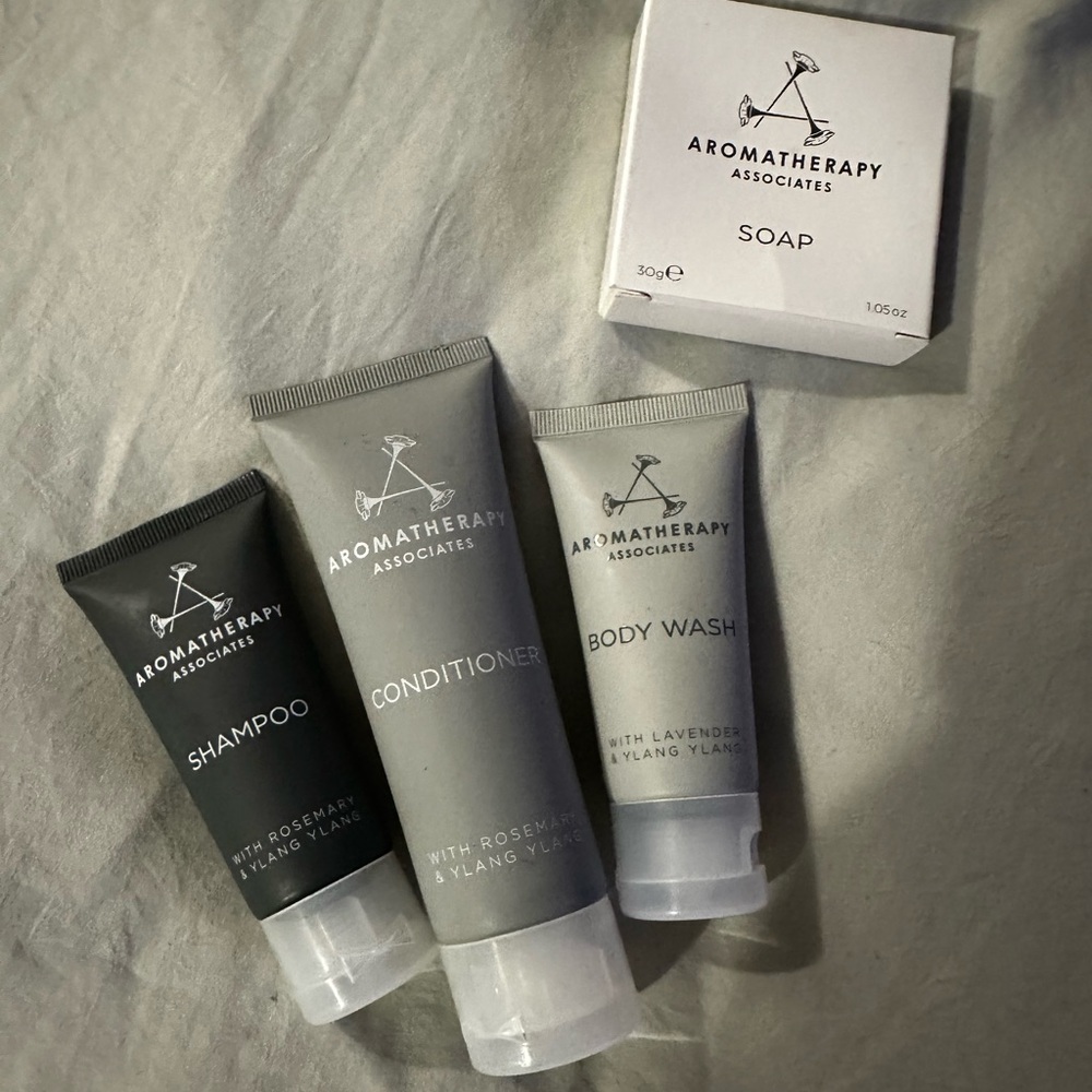 Aromatherapy Associates Shampoo, Conditioner, Body Wash, and Soap Travel Set